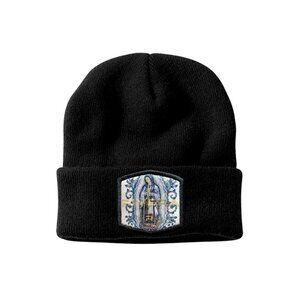 PB Winter Knit Beanie, Virgen de Guadalupe Embroidered Patch, Shiny Metallic Cap